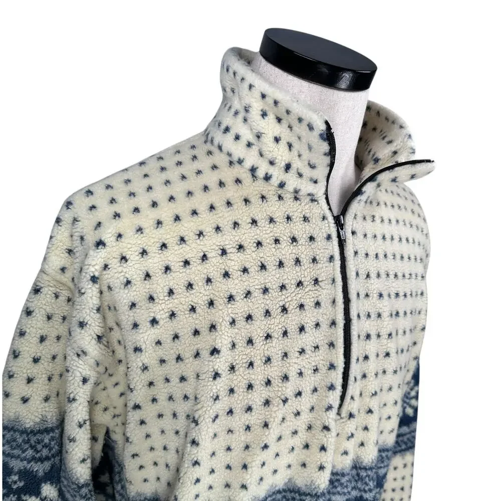 Vintage‎ Big Chill 1/4 Zip Fleece Jacket Adult XL Cream Blue Fair Isle Winter